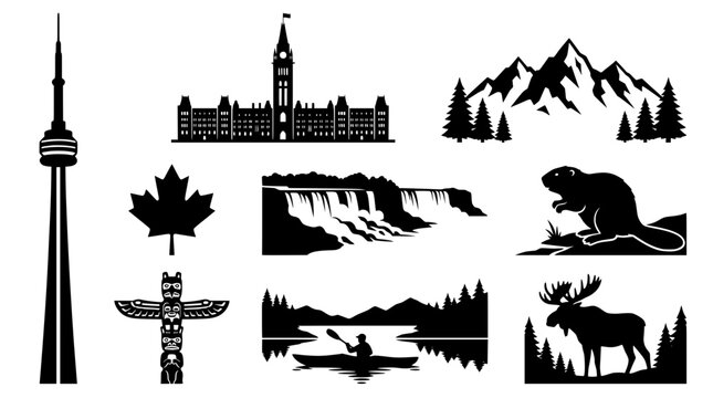 canada travel landmarks and wildlife solid silhouette set. black vector icons of cn tower parliament niagara falls moose beaver totem pole kayak and mountains isolated on white.