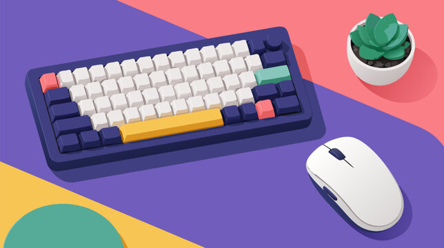 High-performance mechanical keyboard and computer mouse set, a detailed flat vector illustration highlighting gaming peripherals, office workstation hardware, and modern digital productivity tools.