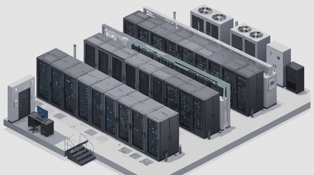 Massive data center server racks in an isometric view, flat vector illustration of cloud computing network infrastructure and digital database storage system on a clean light background.
