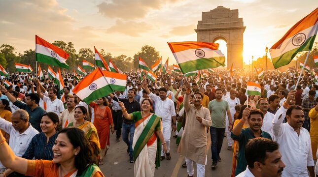 Joyful indians celebrate 79th independence day with flags at india gate, bathed in golden sunset light.