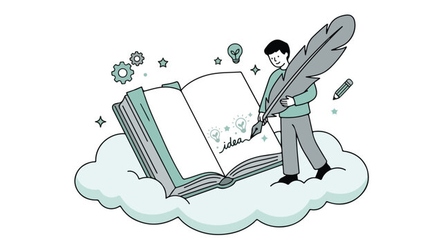 Creative storytelling concept vector, author writing in open book with quill pen, imagination and brainstorming illustration on cloud background