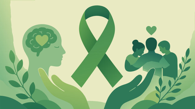 Mental health awareness green ribbon symbol in flat vector illustration. Iconic representation for liver cancer, gall bladder cancer, and bipolar disorder support on white background.