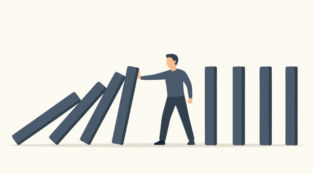 Domino effect concept with a faceless person intervening to stop the falling blocks, flat vector illustration of crisis management, risk prevention, leadership, and proactive problem solving.