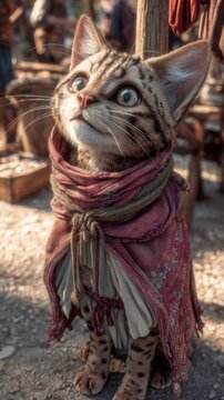 A curious bengal cat wearing a patterned scarf and layered clothing sits outdoors in a marketplace setting
