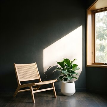 Modern armchair with plant and window light in minimalist room