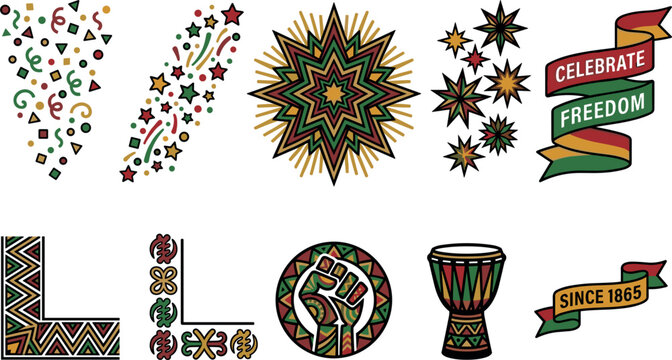 Juneteenth celebration elements collection featuring freedom symbols cultural heritage decorations and African American pride vector illustration set