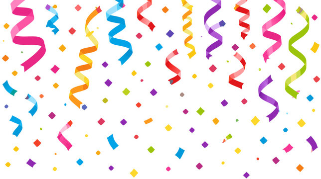 Vibrant Multi-Colored Festive Confetti and Curled Streamers Falling Against a Clean Background, Dynamic Celebration Background Design for Parties and Events, Minimalist Flat Vector Illustration.