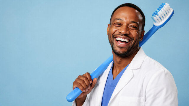 A cheerful dentist in a white coat smiles while holding a large toothbrush over his shoulder. Dental care and hygiene concept.