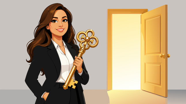 Professional businesswoman holding a large golden key to unlock a glowing door in a flat vector illustration style, symbolizing corporate growth, finding solutions, and reaching milestones.