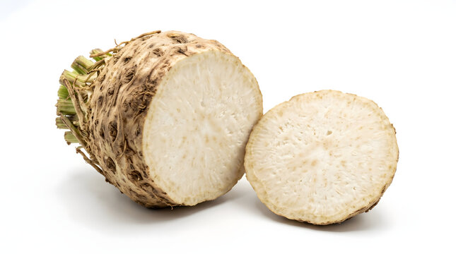 Fresh celeriac root vegetable, sliced in half, showcasing its creamy white flesh and fibrous texture on a white background