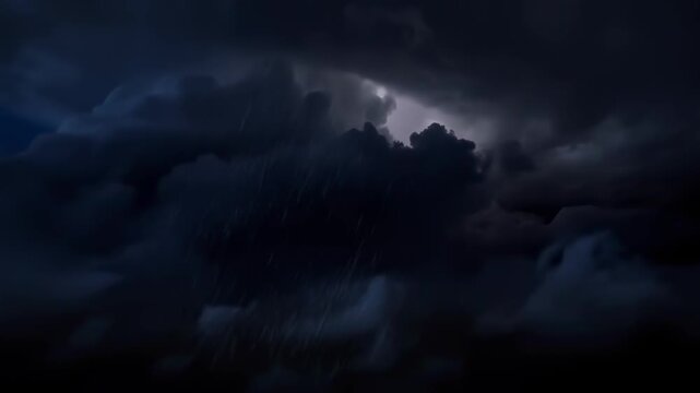 Intense lightning flashing inside dark swirling storm clouds at night. Electrical storm and thunderhead activity. Dramatic weather footage