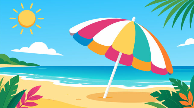 Vibrant colorful striped beach umbrella flat vector illustration for summer vacation holiday travel design, sunshade parasol isolated on white background for coastal resort promotion and leisure.