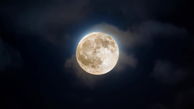 Full moon in the dark night sky with clouds passing by. Bright lunar surface with wispy clouds moving across. Astronomy and night sky concept