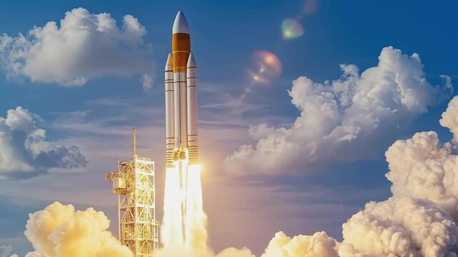 Space rocket launching from launch pad with bright engine flames and massive billowing smoke clouds against blue sky