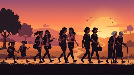 Fototapeta premium Diverse group of women walking together on a serene path at sunset