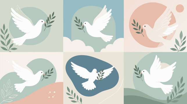 Elegant flat vector illustration of a white peace dove flying while carrying a green olive branch in its beak, symbolizing hope, harmony, and global reconciliation on a clean white background.