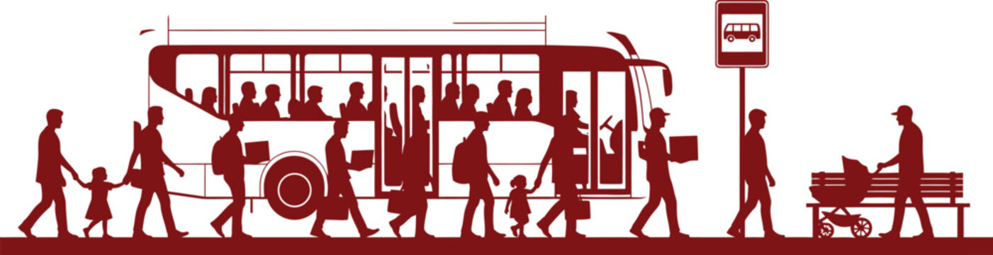 People waiting at a bus stop with a bus arriving and passengers disembarking vector illustration