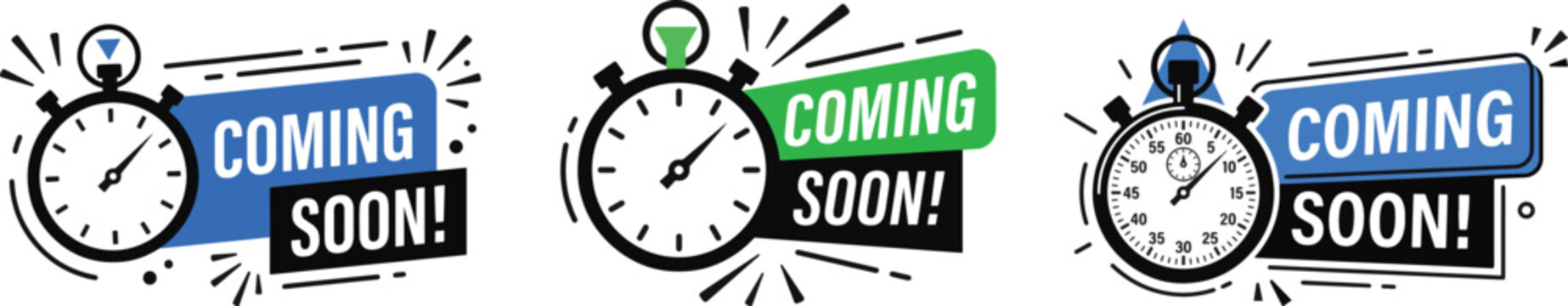 Coming soon, badges set with clocks and timers, vector illustration
