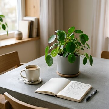 Pilea plant, coffee cup, and open notebook on concrete table, home decor concept