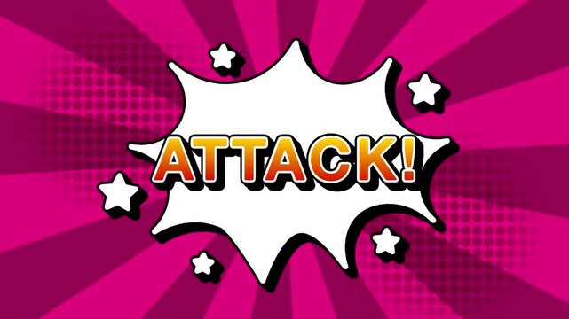 Attack text word lettering popup comic cartoon reveal with bomb and smoke explosion manga anime book page dots with radial speed lines doodle pink background with seamless loop animation retro
