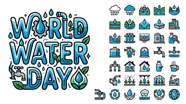 World Water Day typography and 40 icons set, blue liquid lettering with ecology symbols, water conservation and plumbing vector elements