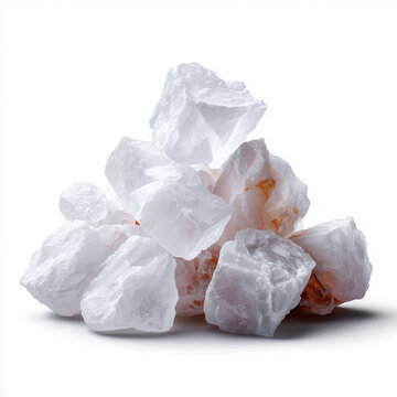 A small pile of translucent white halite mineral crystals and coarse rock salt pieces isolated on a pure white background