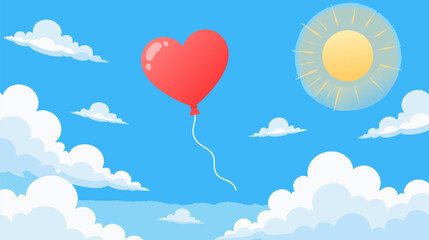 Obraz premium Romantic red heart shaped balloon floating upwards into a clear blue sky, flat vector illustration of love celebration and anniversary concept for cards or wedding invitations design.
