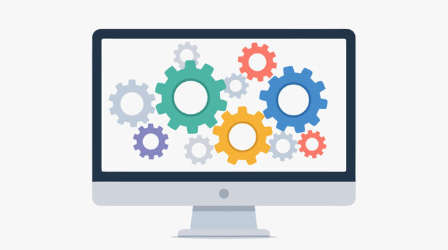 Mechanical Gear Cogs Working Together Inside a Computer Monitor Screen, Concept of Software Development, Engineering, Processing and System Optimization, Tech Industry Flat Vector Illustration Art.