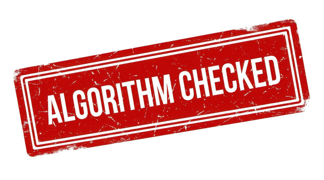 Algorithm checked red grunge rubber stamp isolated on transparent background