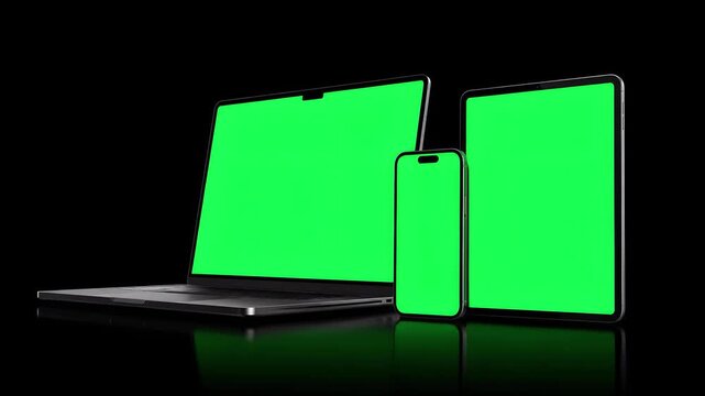 Responsive Digital Devices with Green Screen Mockup Animation on Black Background