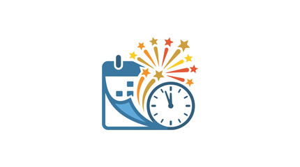 Minimalist flat design 2D logo icon depicting a New Year's Eve global celebration concept with a calendar page flipping into confetti fireworks and a clock striking midnight in a clean moder © Tulo