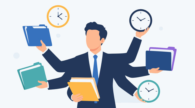 Faceless businessman juggling multiple folders and clocks in a flat vector illustration, depicting the stress of multitasking, busy office life, deadlines, and the struggle for work-life balance.