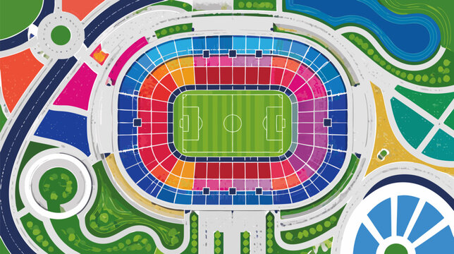 Abstract generic stadium layout map showing seating areas and field orientation flat vector illustration for venue navigation, event planning, and sports arena architectural planning and design.