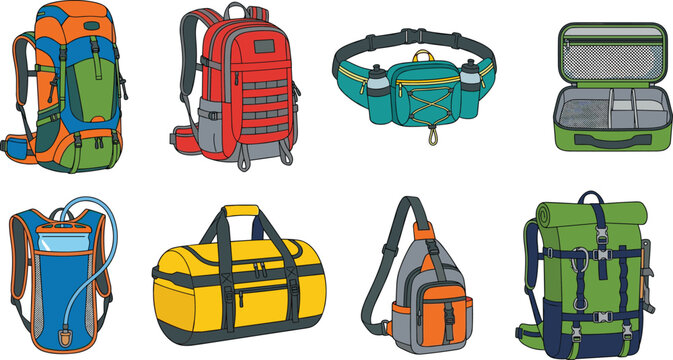 Outdoor bags and travel backpacks vector illustration set including hiking rucksack duffel bag and tactical pack
