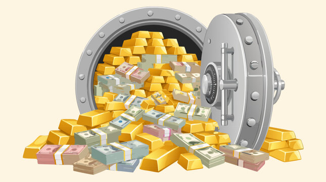 Secure open bank safe vault overflowing with stacks of shiny gold bars and bundles of paper cash money, flat vector illustration symbolizing financial success, wealth, and high-level asset security.