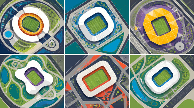 Abstract generic stadium layout map showing arena seating sections, playing field, and exit routes in a flat vector illustration style for sports venue planning and architectural visualization.