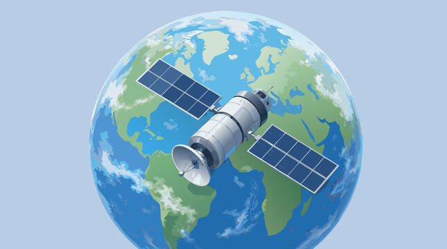 Artificial satellite orbiting a blue planet in outer space representing global communication and technology infrastructure flat vector illustration isolated on a clean light background space.