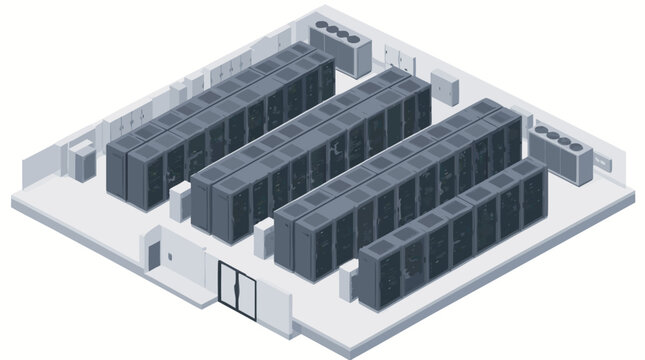 Massive isometric data center server racks flat vector illustration representing cloud computing technology network infrastructure digital storage database and modern web hosting services on white.