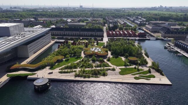 Flight over Opera Park landmark, Copenhagen city, Denmark