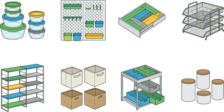 Vector illustration set of home organization items including storage boxes containers shelves and pegboard organizers