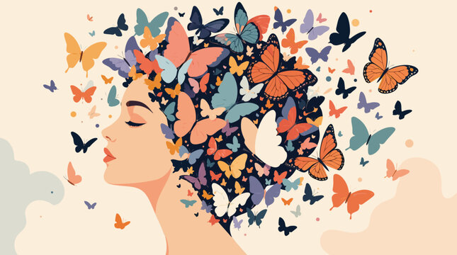 Artistic abstract human head filled with flying butterflies representing freedom of thought and mental health, flat vector illustration of creativity and peaceful mind on a light background.