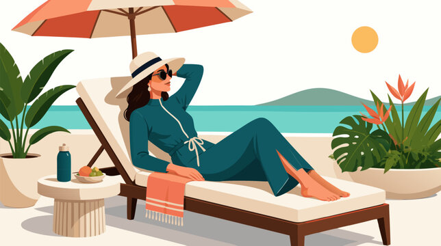 Modern sunbed lounge chair flat vector illustration for summer vacation holiday travel beach resort relaxation poolside furniture design element isolated on white background outdoor leisure rest.