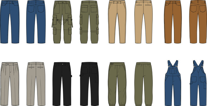 Set of men and women pants fashion technical sketch illustrations showing front and back views