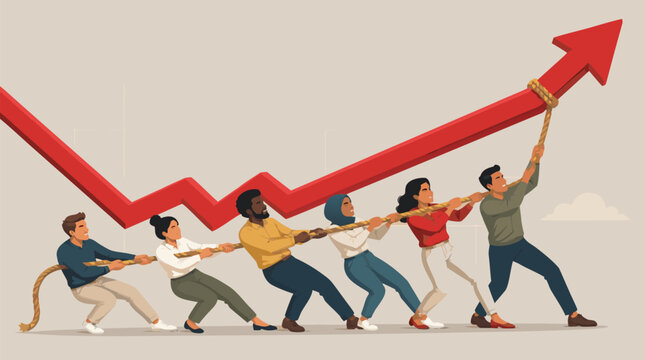 Business team pulling heavy rope together to raise falling red graph line arrow flat vector illustration for teamwork cooperation financial recovery success crisis management strategy concepts.