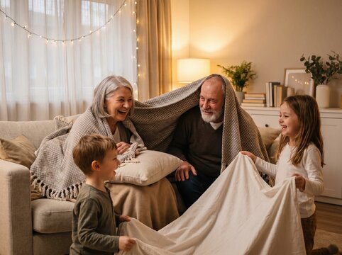 Grandparents helping two grandchildren build a blanket fort, laughing in a cozy living room with warm lights and festive garland