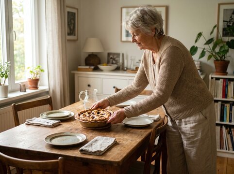 Senior woman placing a homemade pie on a wooden dining table in a cozy home. Warm natural light and peaceful family atmosphere
