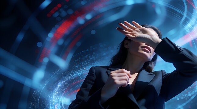 Businesswoman shielding her eyes in a futuristic blue digital environment, surrounded by glowing data arcs, red light trails, and abstract luminous particles, conveying a high-tech atmosphere