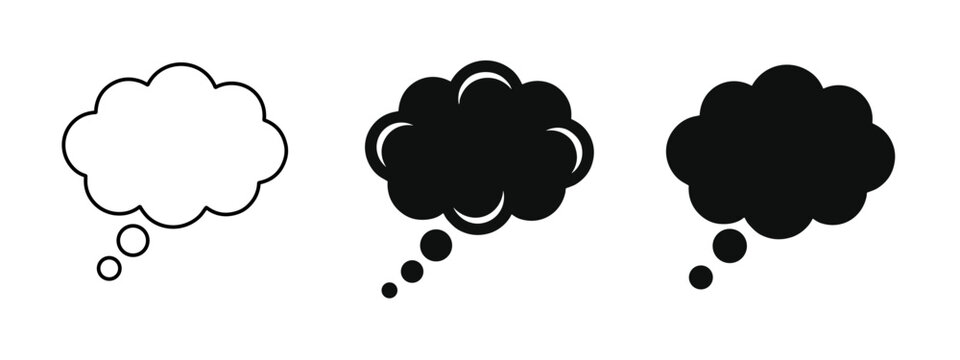 Thought bubble icons set. Thinking cloud symbols with dot trails. Dream and imagination vector graphic.