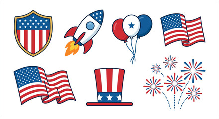 American patriotic symbols including shield rocket flags balloons hat and fireworks in a vector illustration flag stars © mdashraful