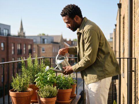 Man watering potted herbs on a sunny urban balcony, caring for a small home garden with city buildings in the background